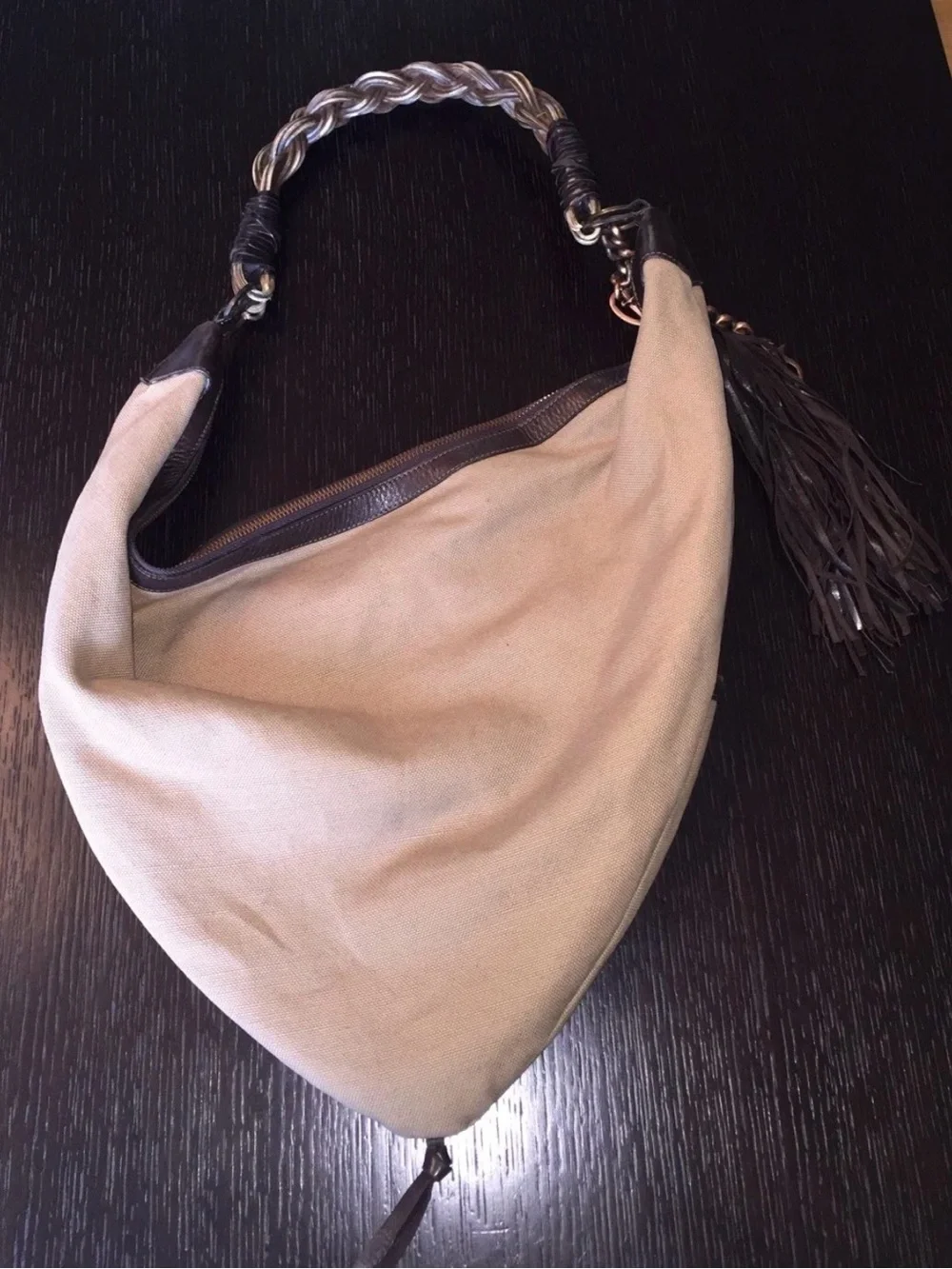 Cesare Paciotti Beige Canvas Shoulder Bag with Dark Brown Leather Trim Wicker